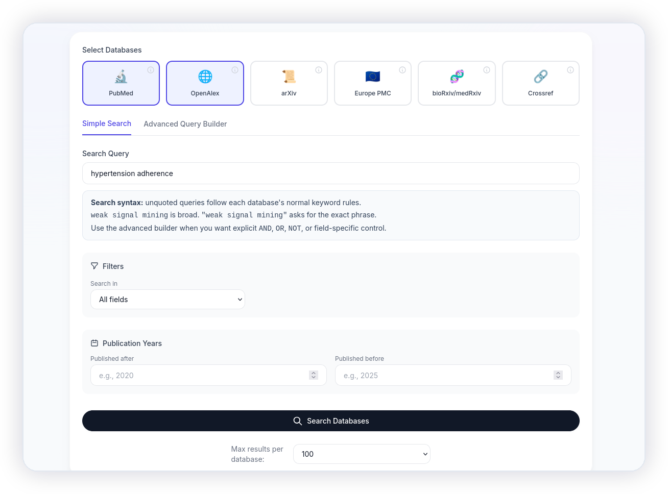 Lumina database import builder for searching scientific sources
