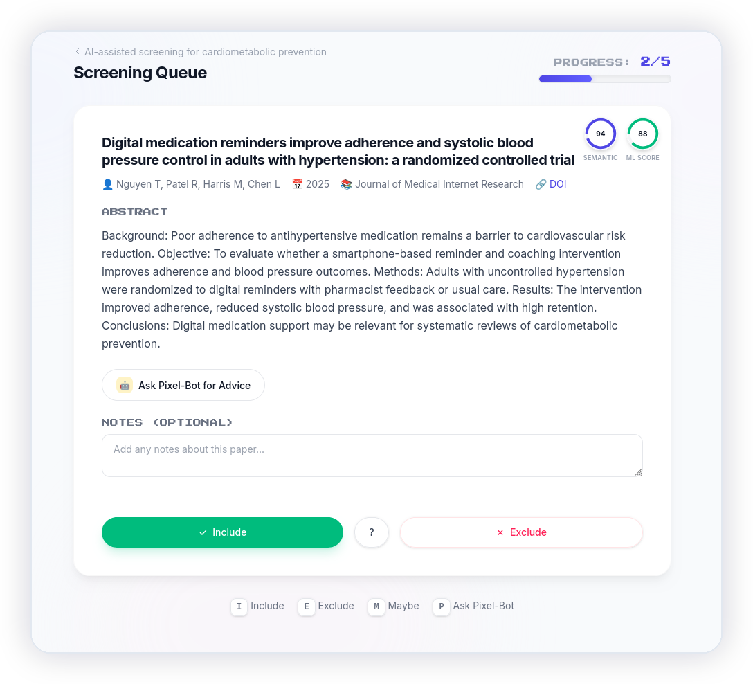Lumina screening interface showing AI relevance scores, abstract details, and reviewer decisions