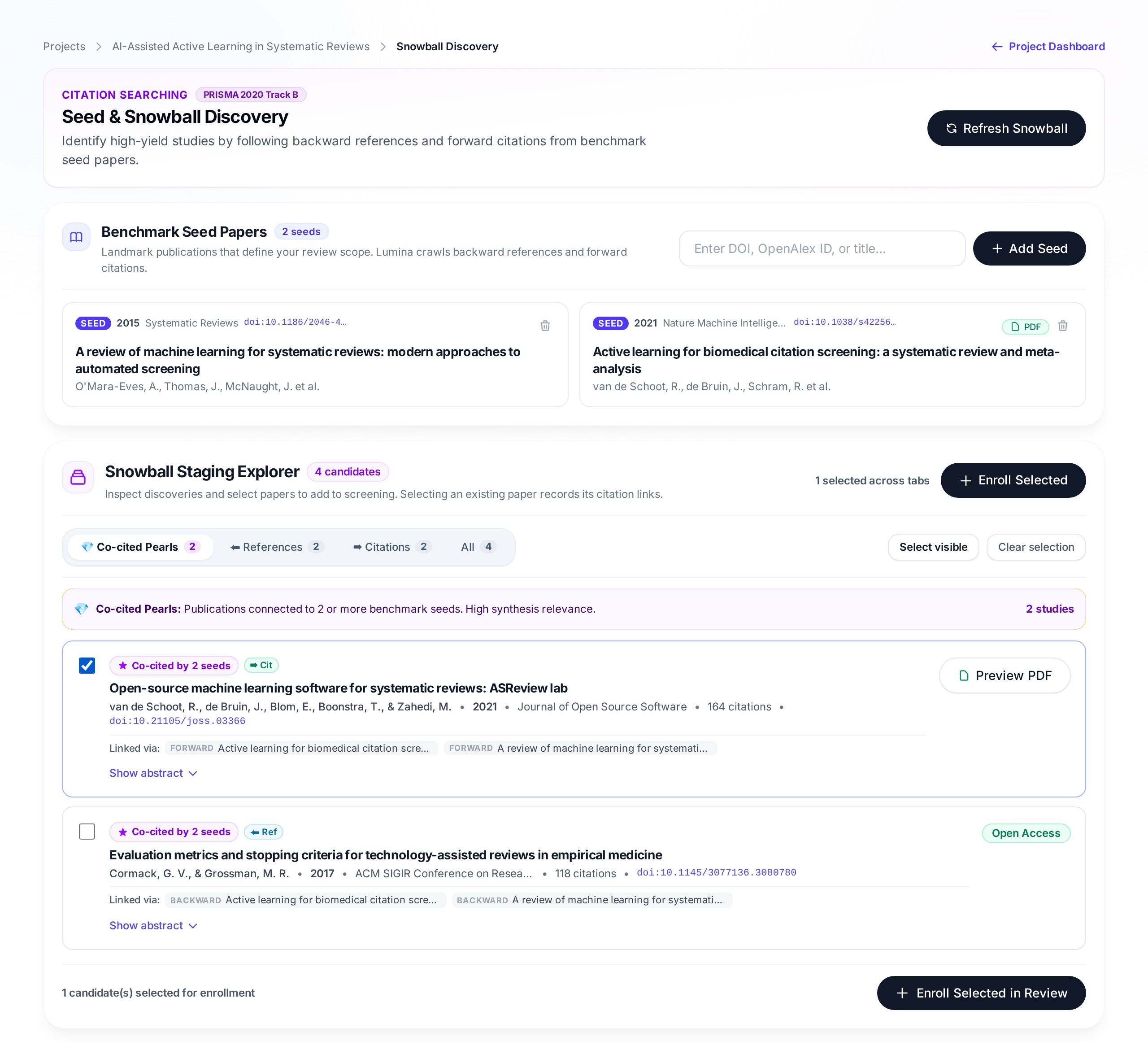 Lumina Seed and Snowball Discovery interface showing benchmark seed papers, co-cited pearl candidates, and citation explorer