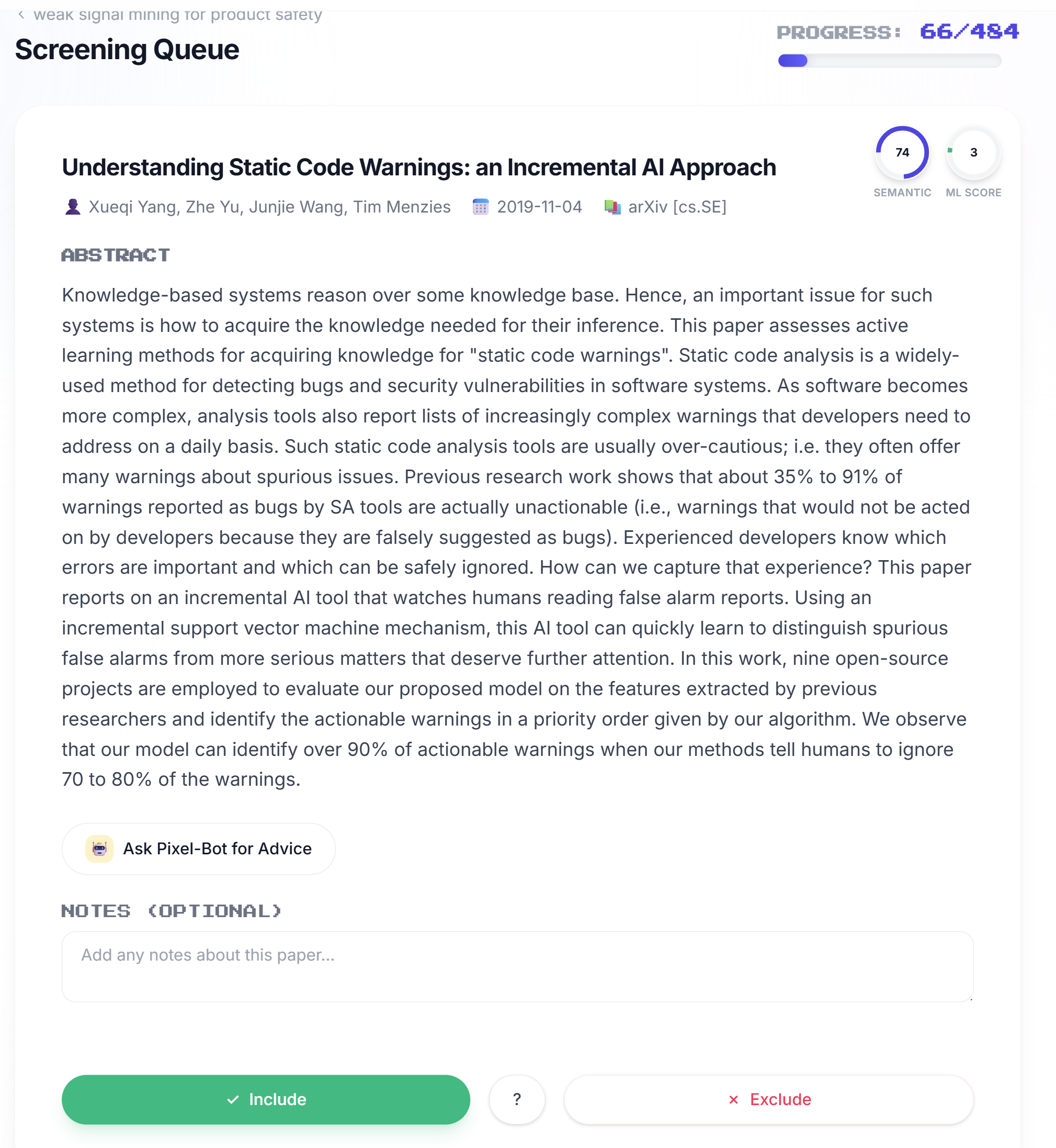 AI Systematic Review Software - Lumina Abstract Screening Interface
